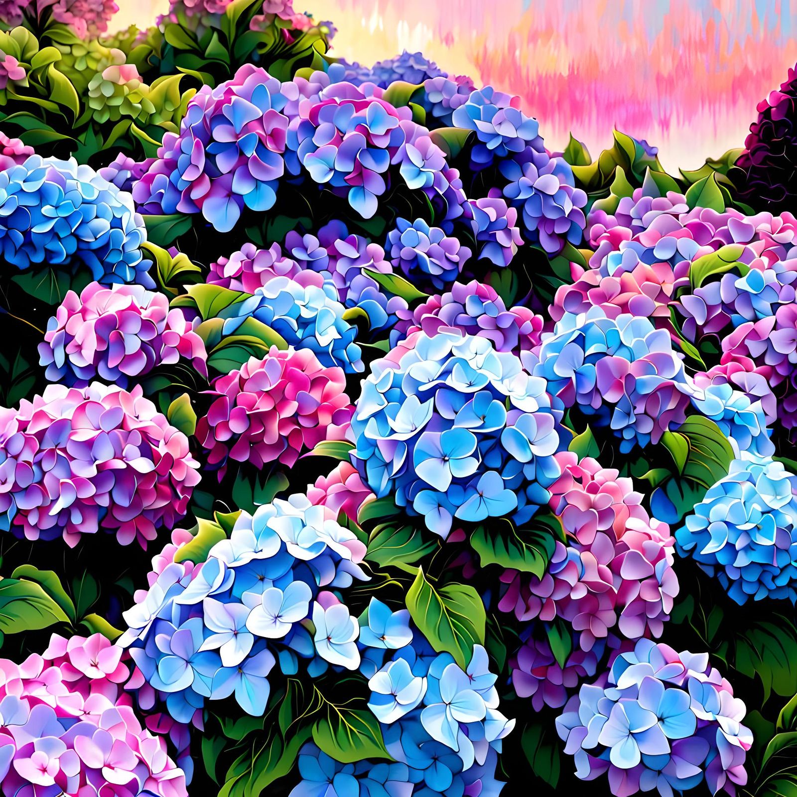Hydrangea Bush with Colorful Blooms and Sunset Sky