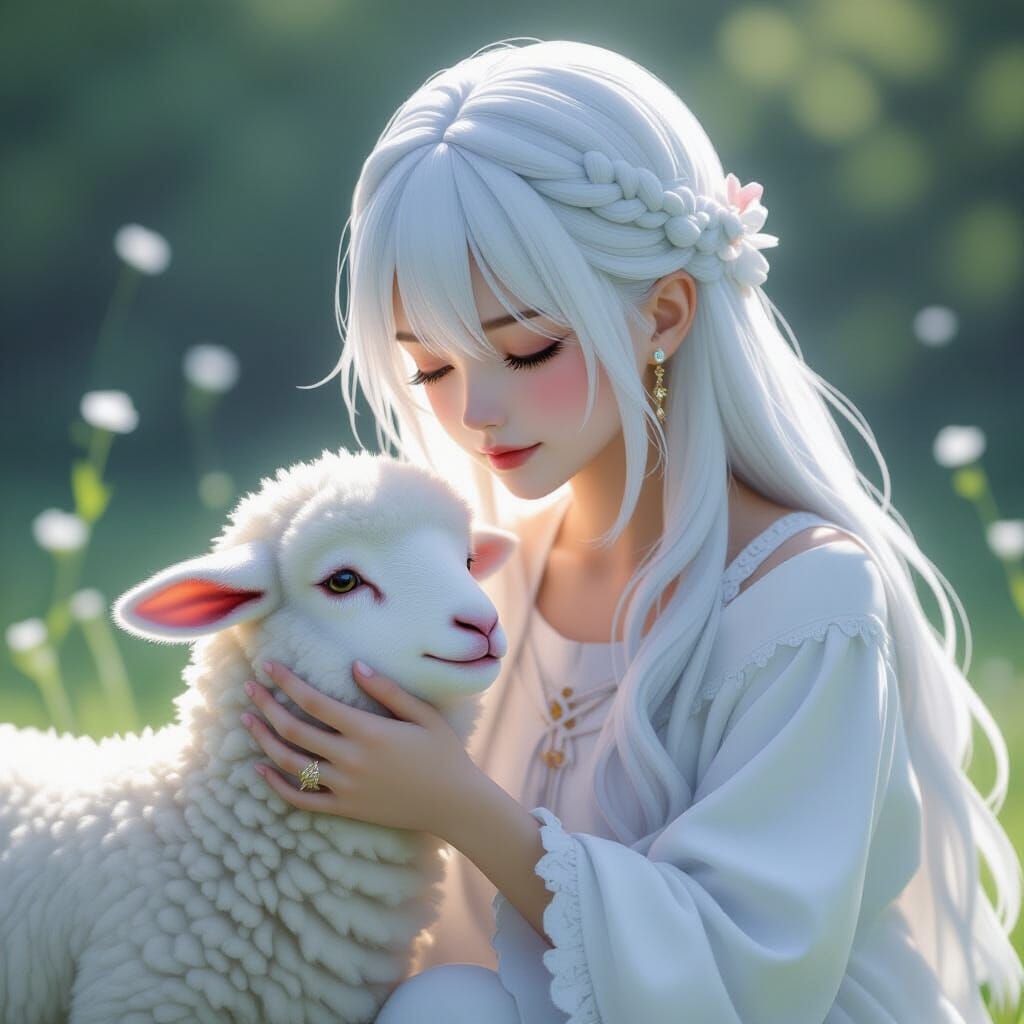 Anime Girl Gently Petting White Lamb in 3D Style