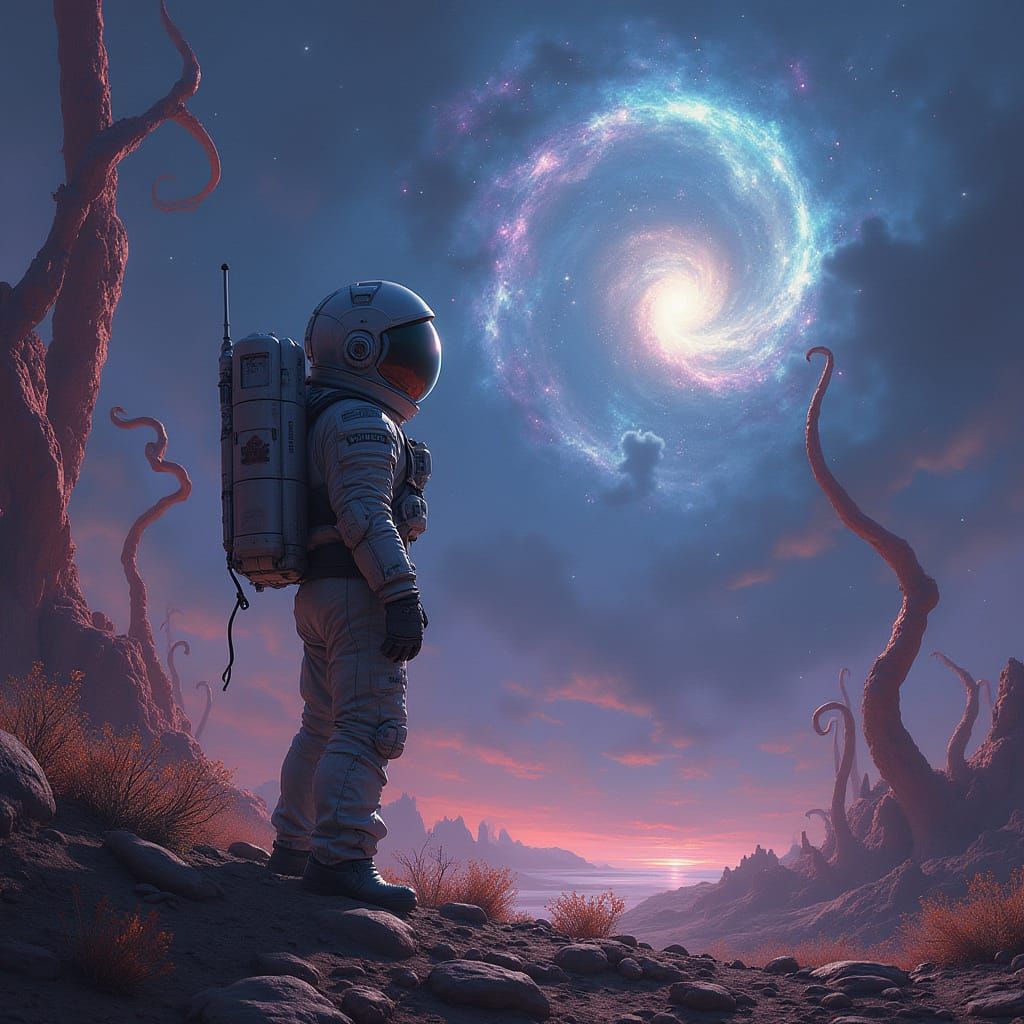 Astronaut on Alien Planet Gazing at Nebula