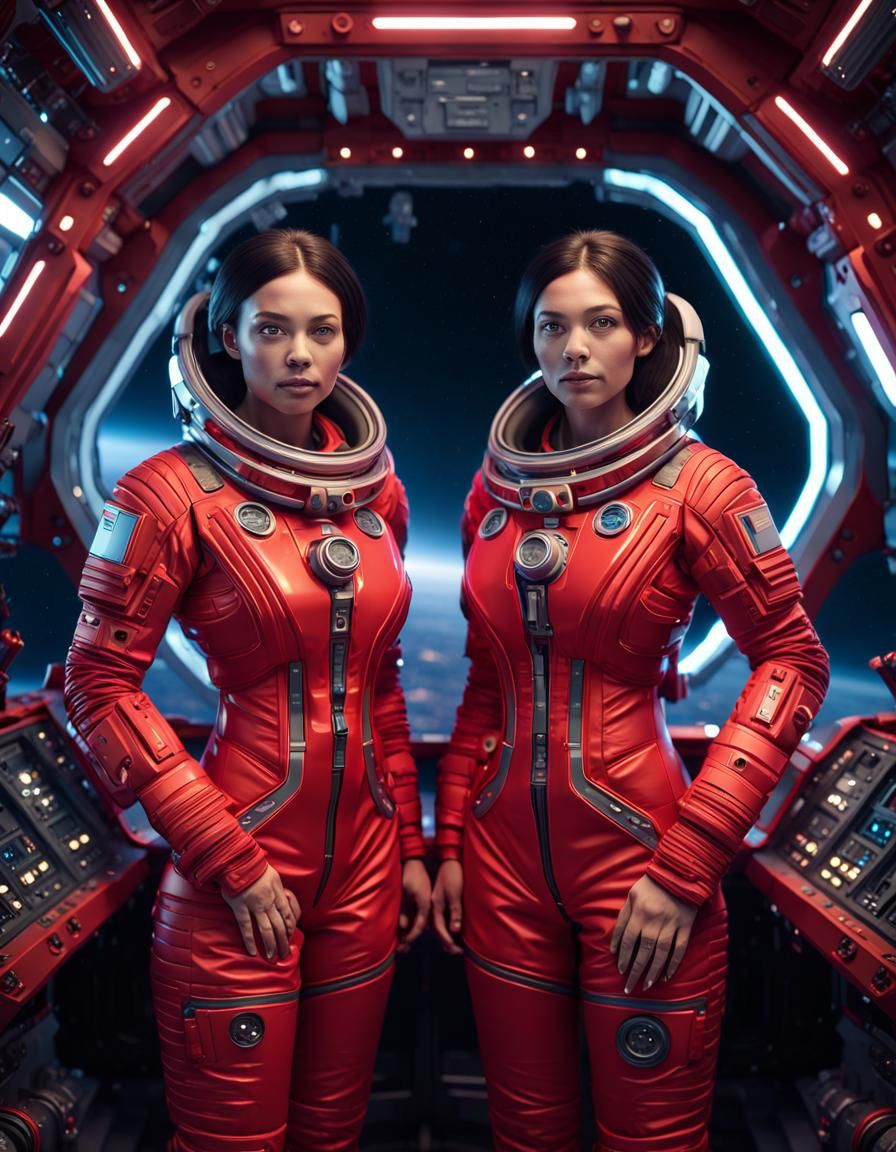 Brunette Twins Command Spaceship in Sci-Fi Style