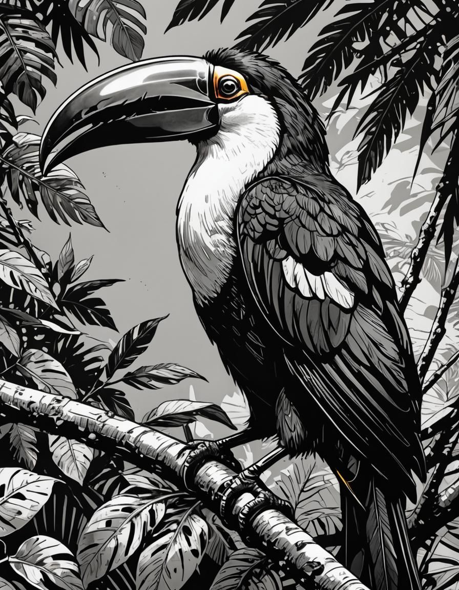 Toucan on Branch in Black and White Comic Art