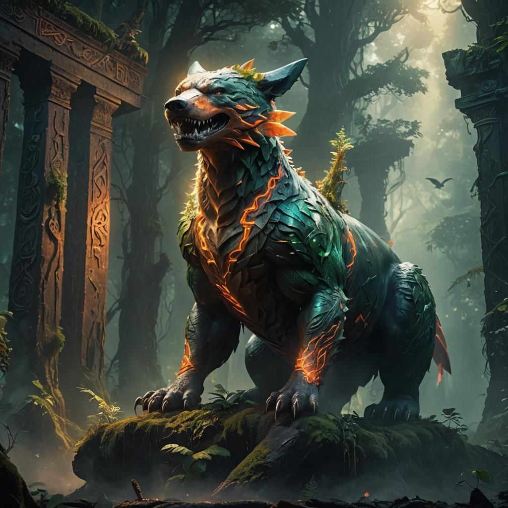 Mystical Shark-Bear Creature in Dark Forest