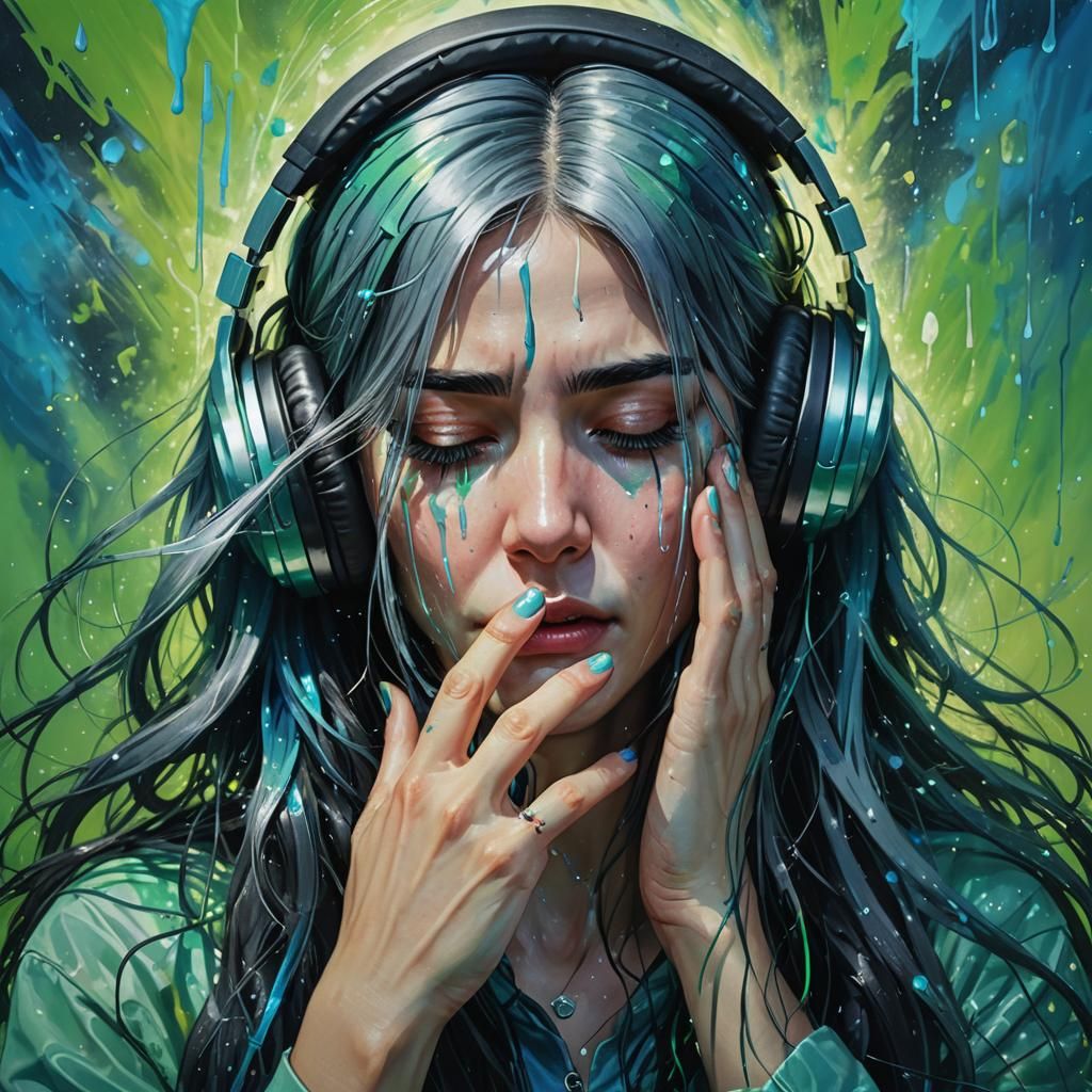 Woman Catching Tears with Colorful Aura in Splash Art