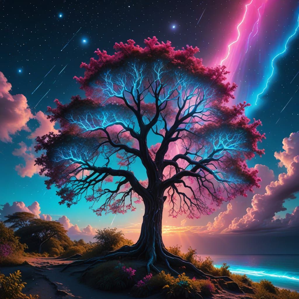 Surreal Bioluminescent Tree in Cosmic Rainbow Landscape