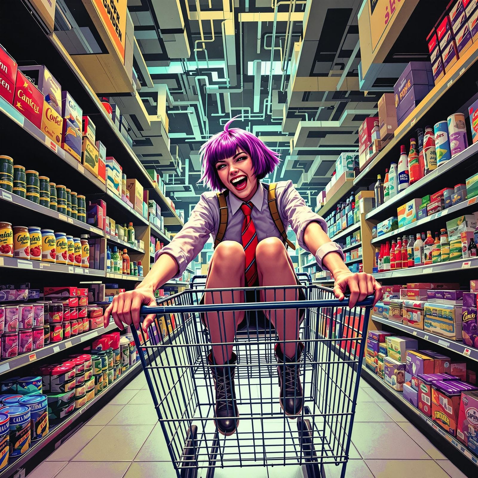 Teenage Girl's Shopping Trolley Stunts in Graphic Style