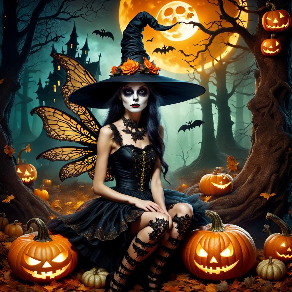 Wicked Fairy in Eerie Halloween Forest