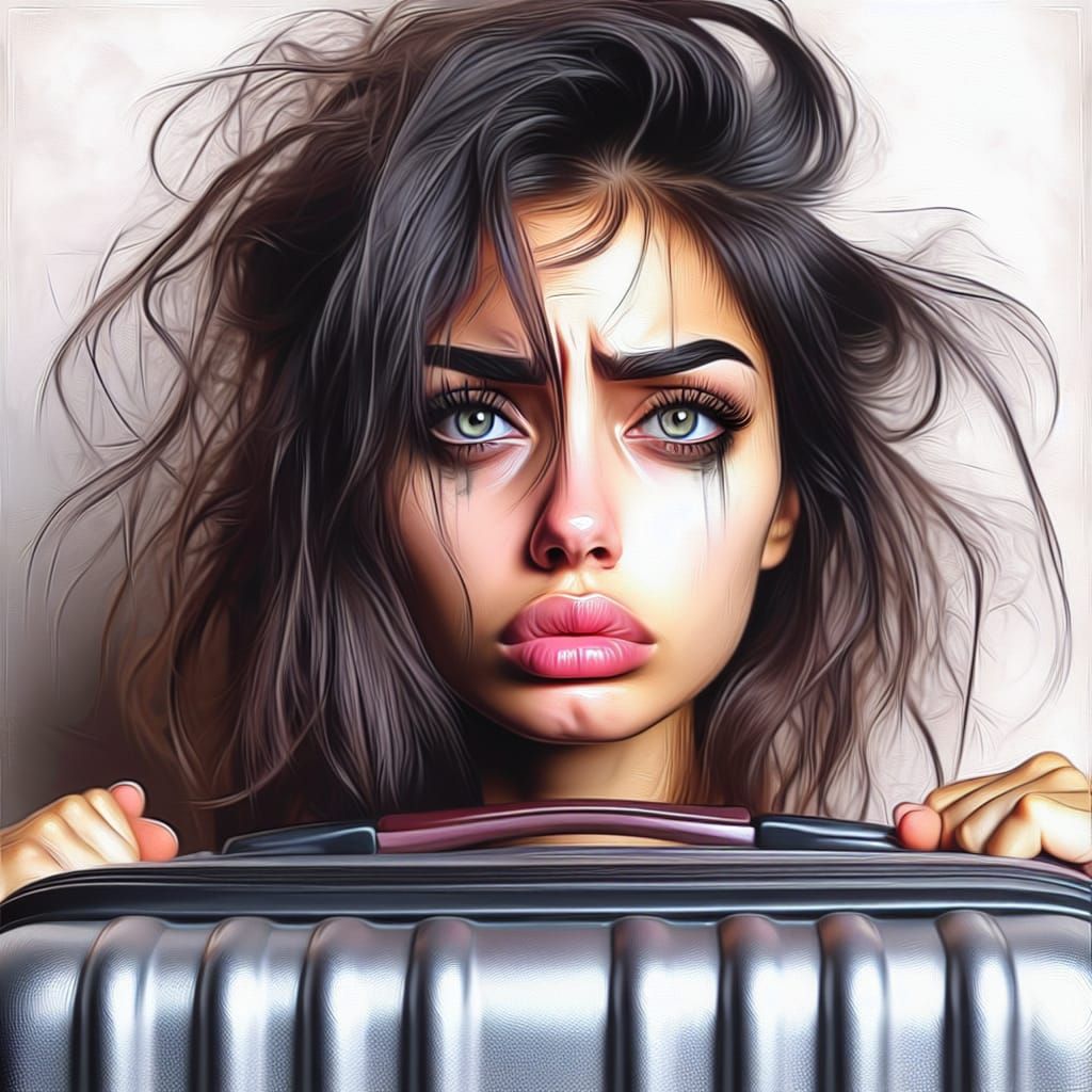 Stressed Woman Pulling Heavy Suitcase: Digital Painting