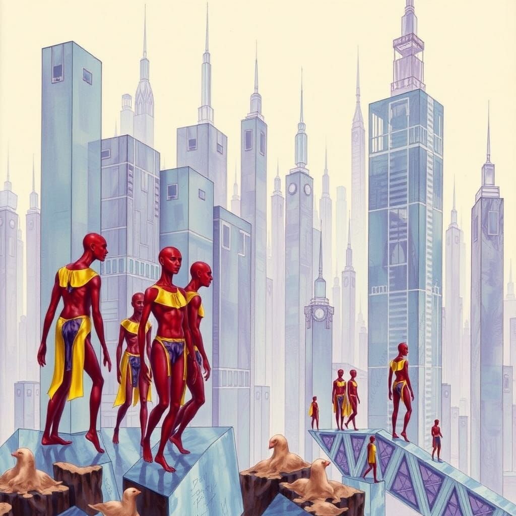 Glass City with Red Figures: Surreal Illustration