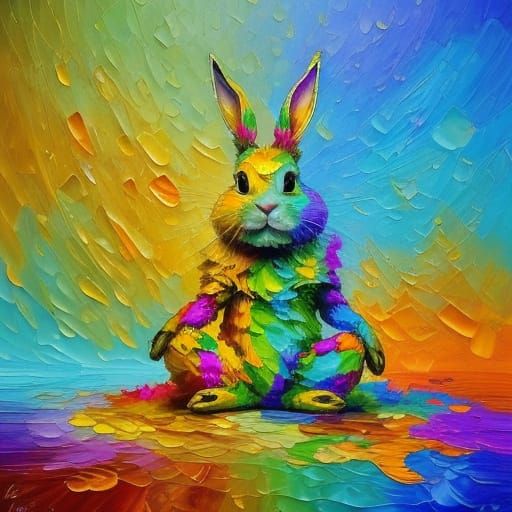 Surrealist Oil Painting of a Colorful Paint Bunny