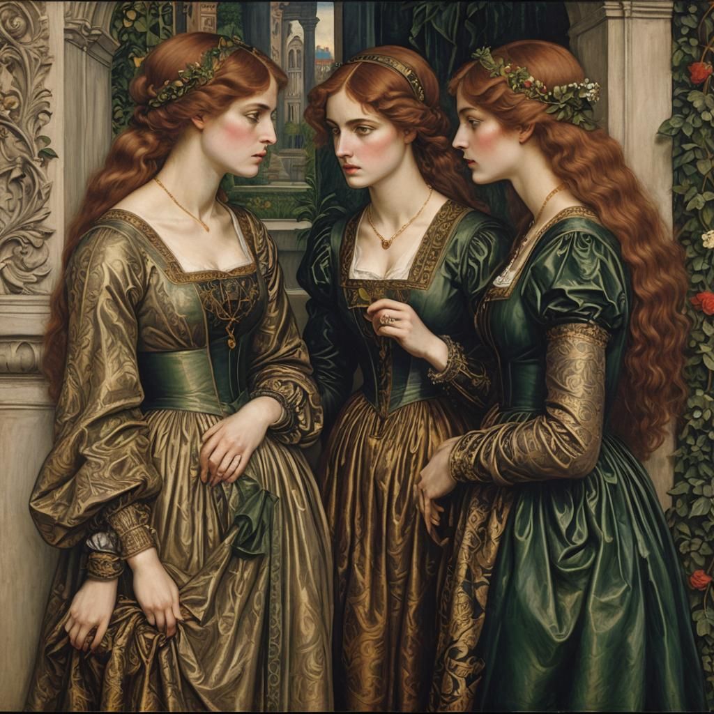 Art by Dante Gabriel Rossetti, Quattrocento Renaissance style, two noblewomen, secret encounter, Florence backdrop, Ross...