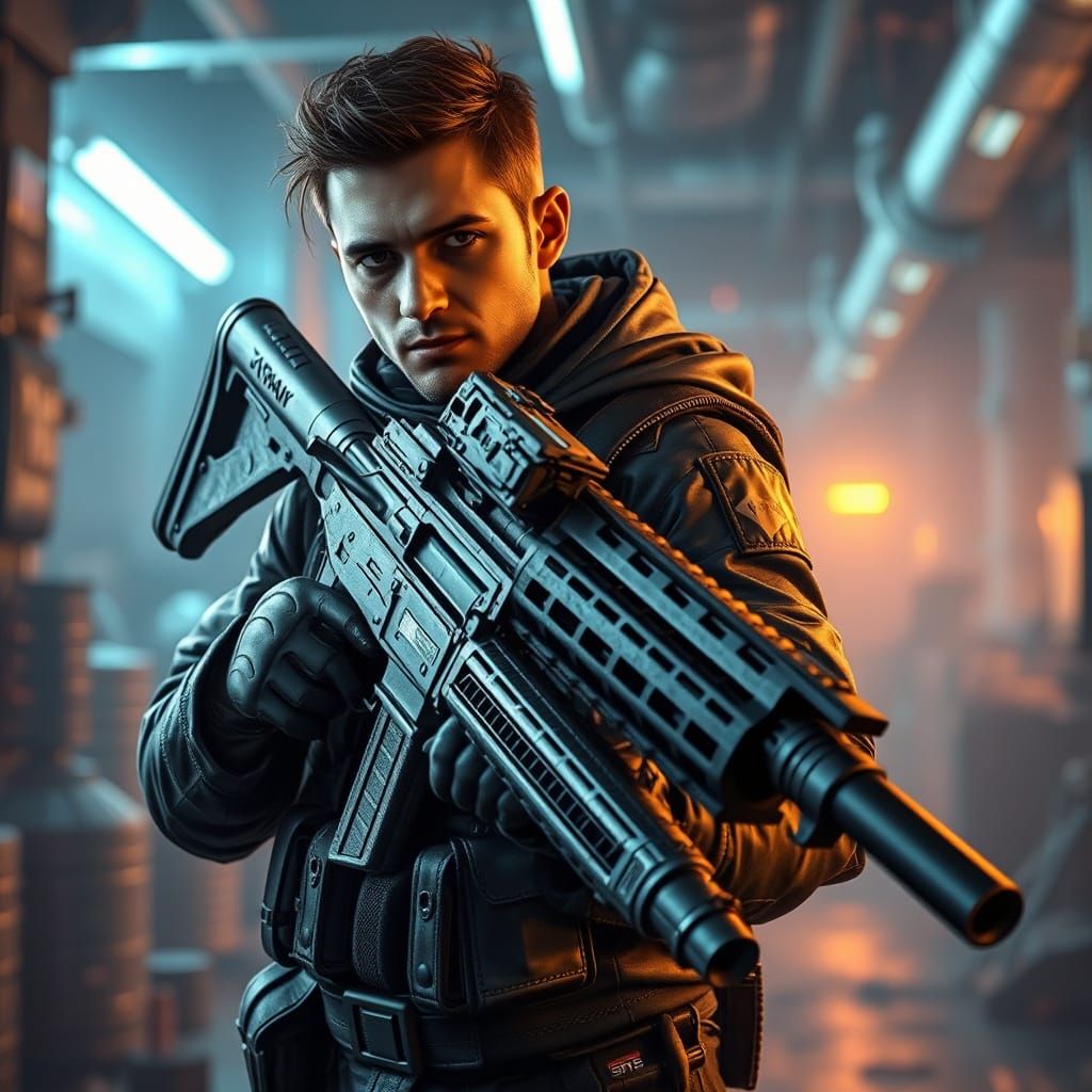 Cyberpunk Mercenary Takes Aim in Industrial Cityscape