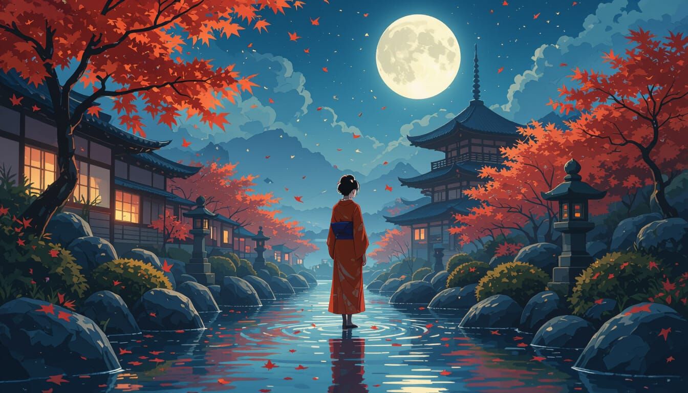 Japanese Garden Under Moonlight with Autumn Leaves and Woman...