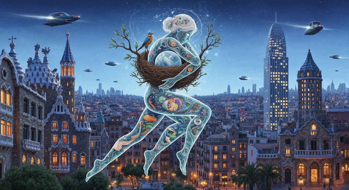 Ethereal Woman with Nest: Dreamlike Concept Art