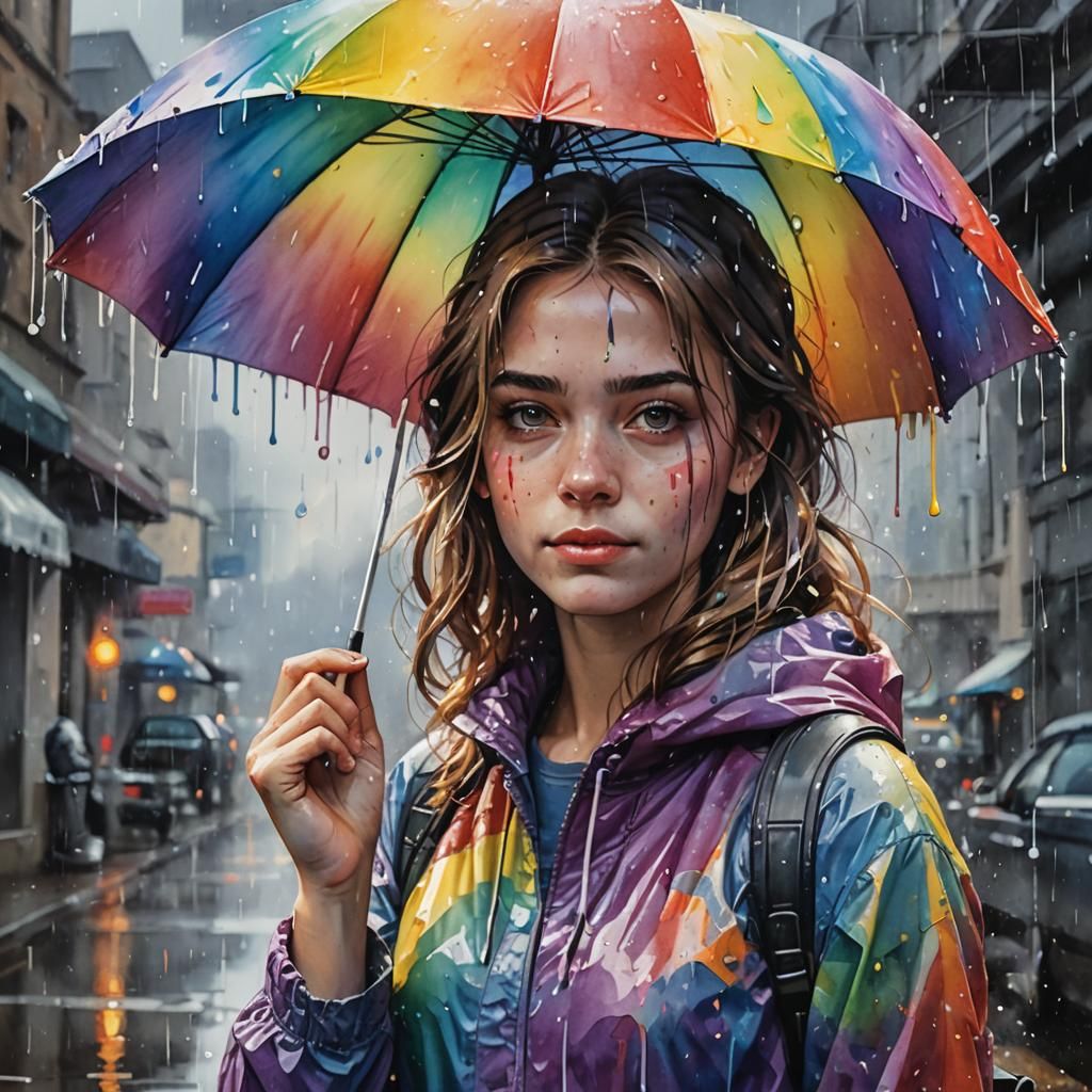 Girl with Rainbow Umbrella: Watercolour Art Deco Portrait