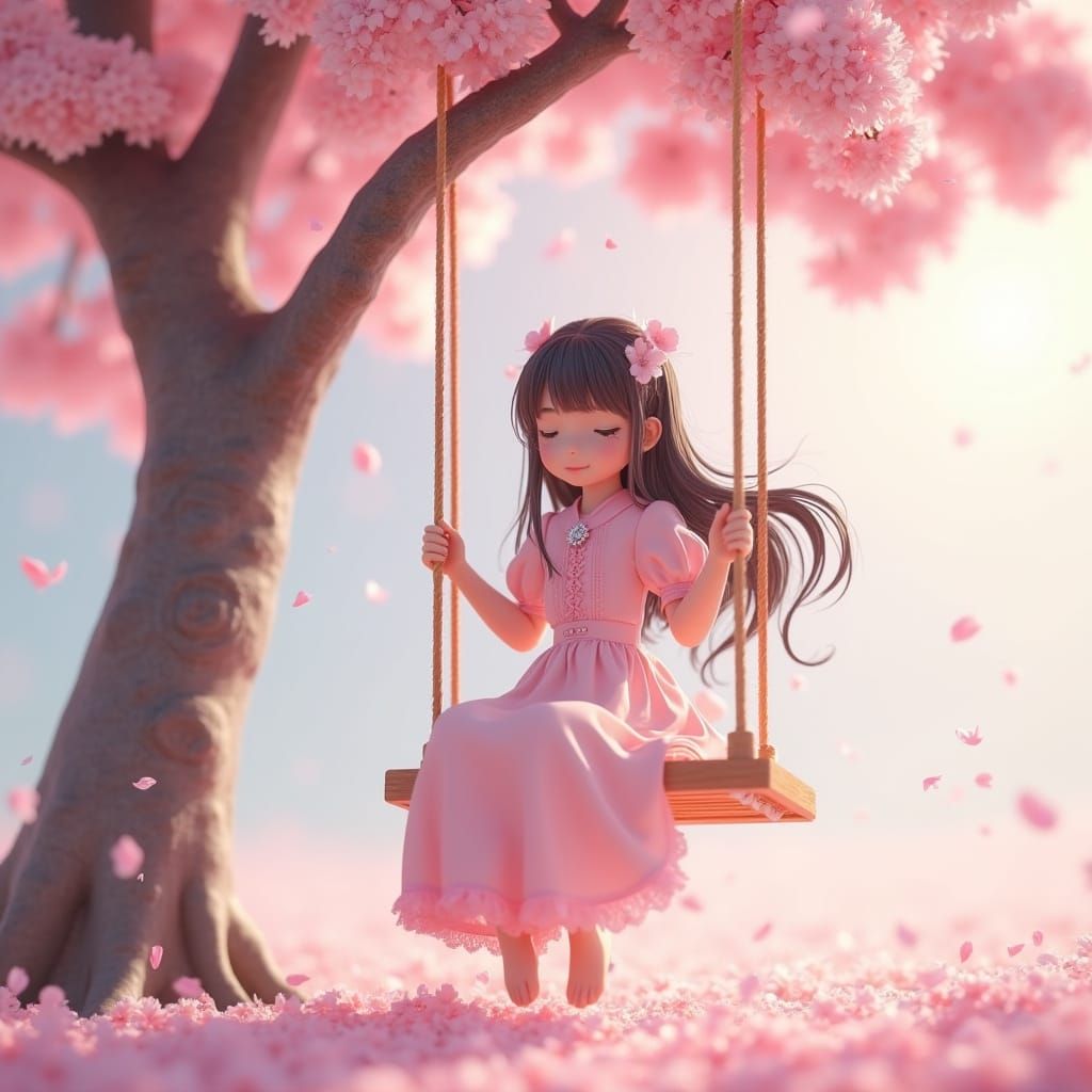 Girl in Blossom Swing: 3D Anime Art