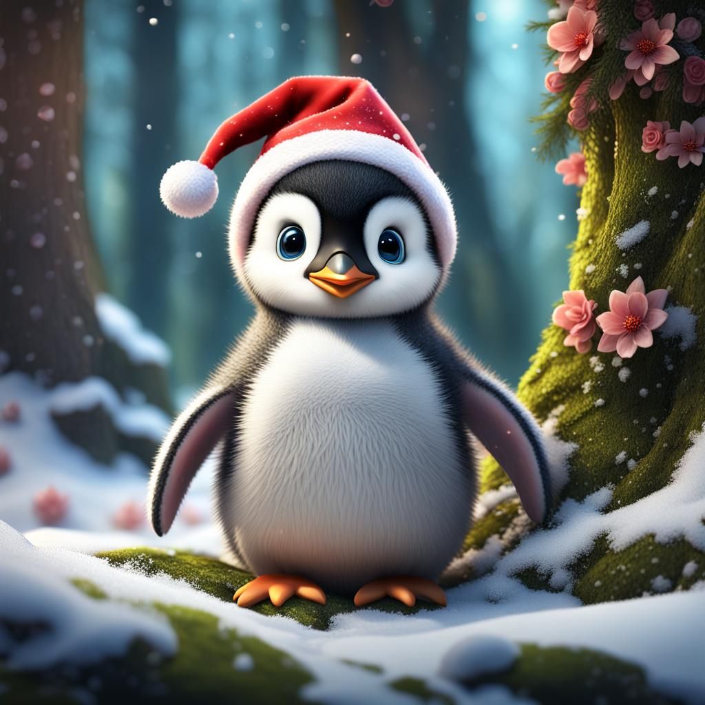Adorable Penguin in Santa Hat, Fantasy Concept Art