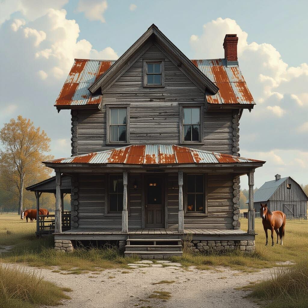 Weathered Log House with Tin Roof in Matte Painting Style