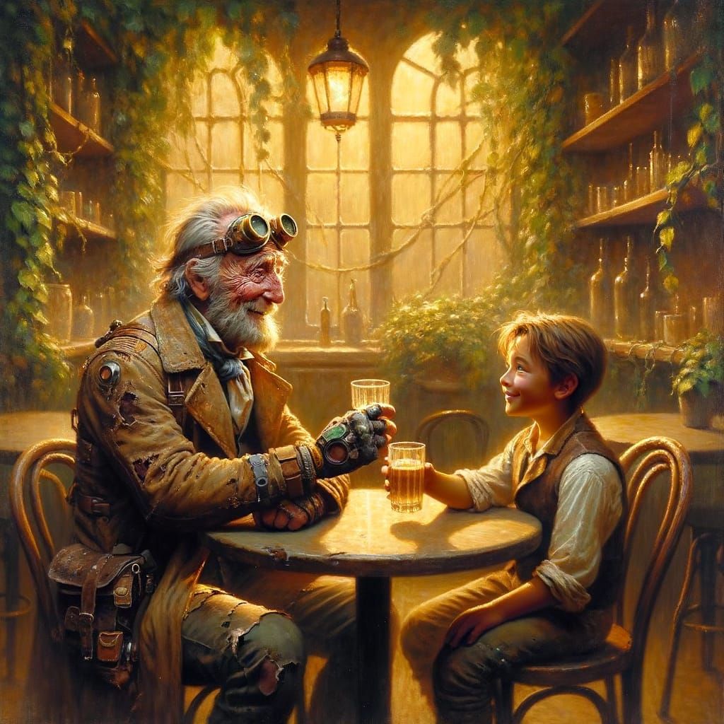 Steampunk Time Traveler Meets Young Self in Cafe