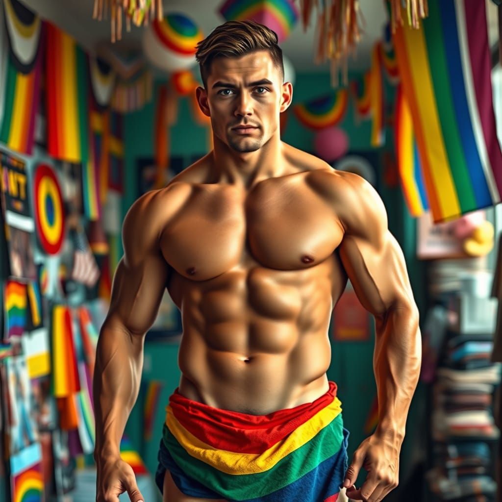 Muscular Man in Pride Colors, Vibrant Art Style