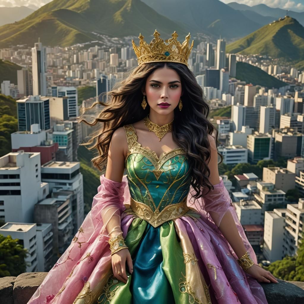 Gorgeous Hispanic Woman with Crown in Caracas, Fantasy Art