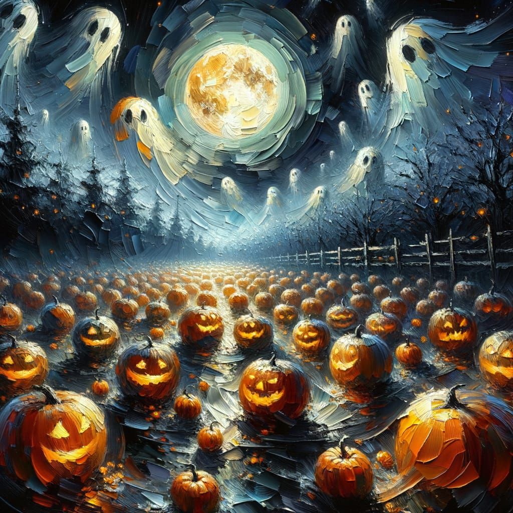 Cozy Impasto Pumpkin Patch Under Full Moon With Ghosts