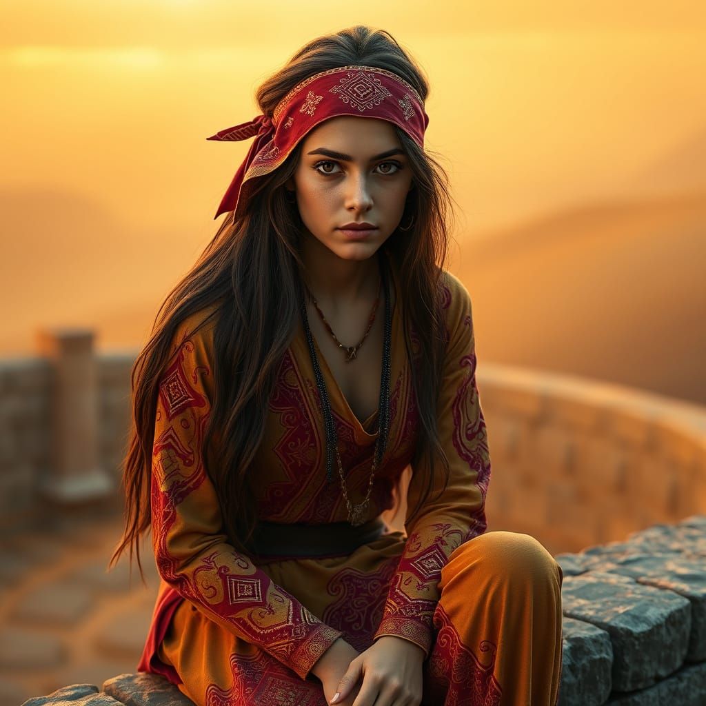 A young woman sitting on a stone wall,