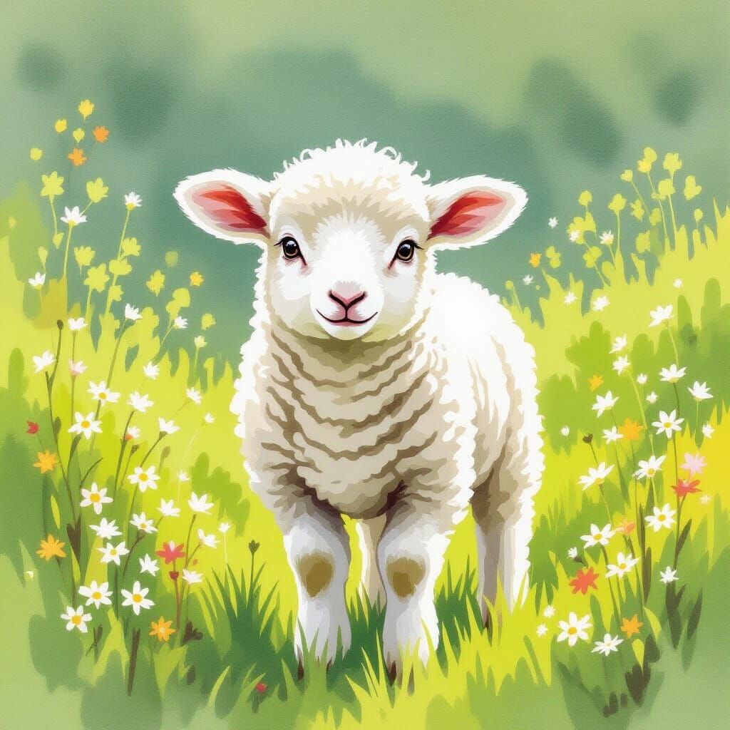 Timid Lamb in Meadow, Watercolor Style