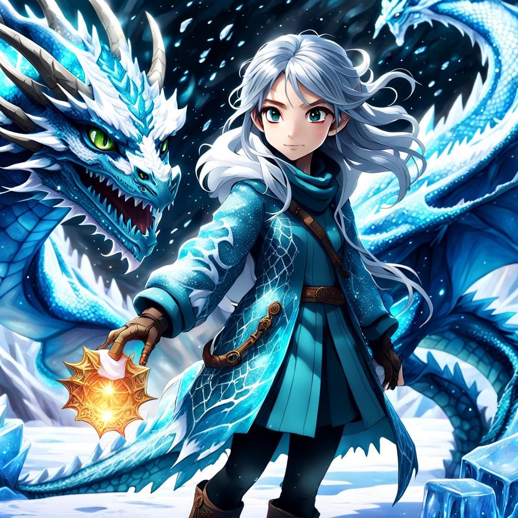 anime girl confidently guiding a shimmering ice dragon