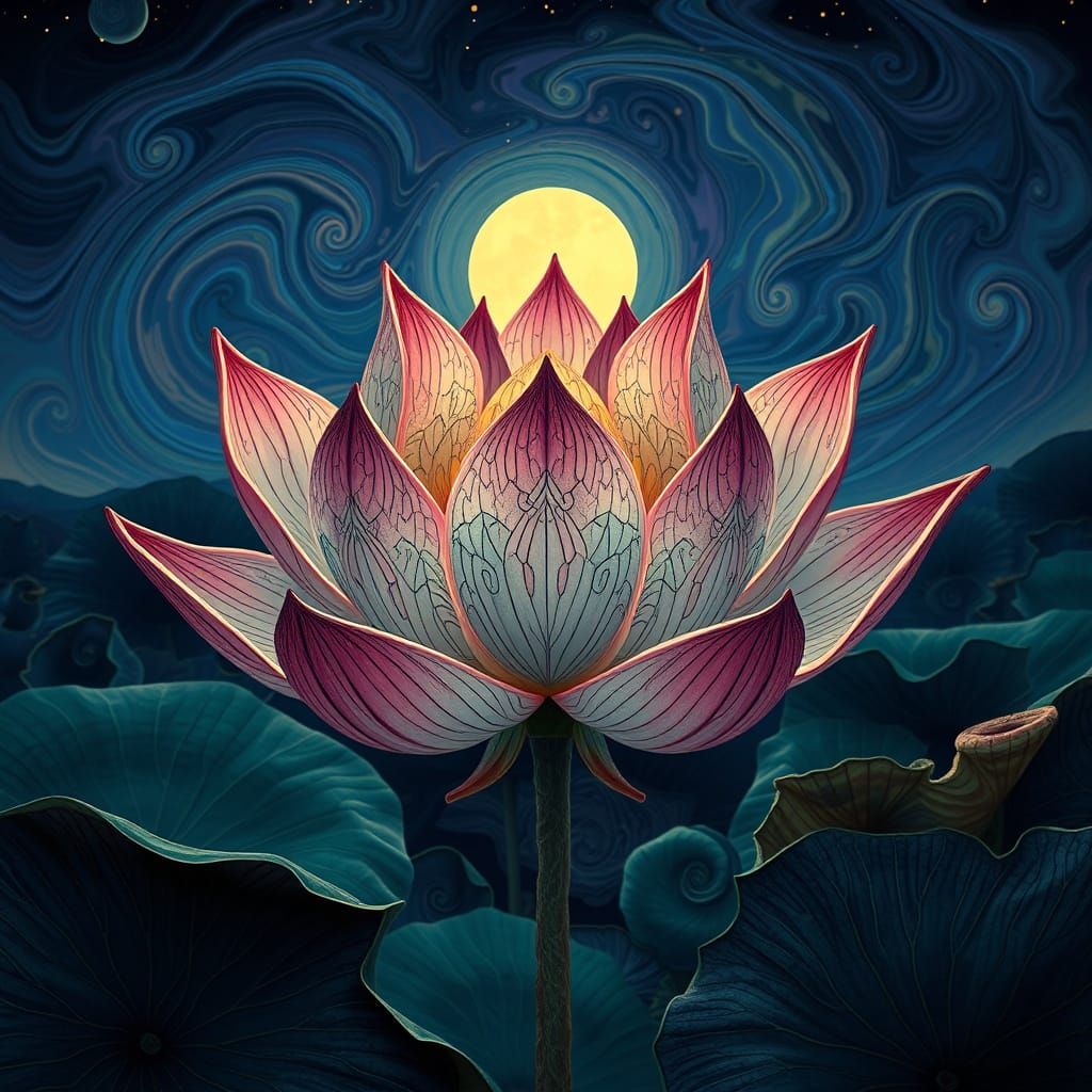 Delicate Lotus Blooms in Vibrant Fractal Dreamscape