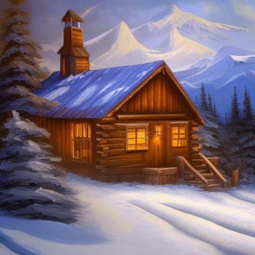 Winter Cabin: Oil Painting in Ross Style