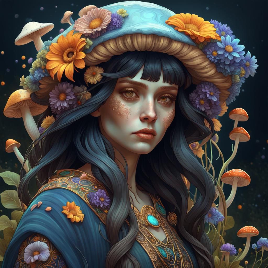 Floral Witch Portrait in Klimt Style, Detailed Art