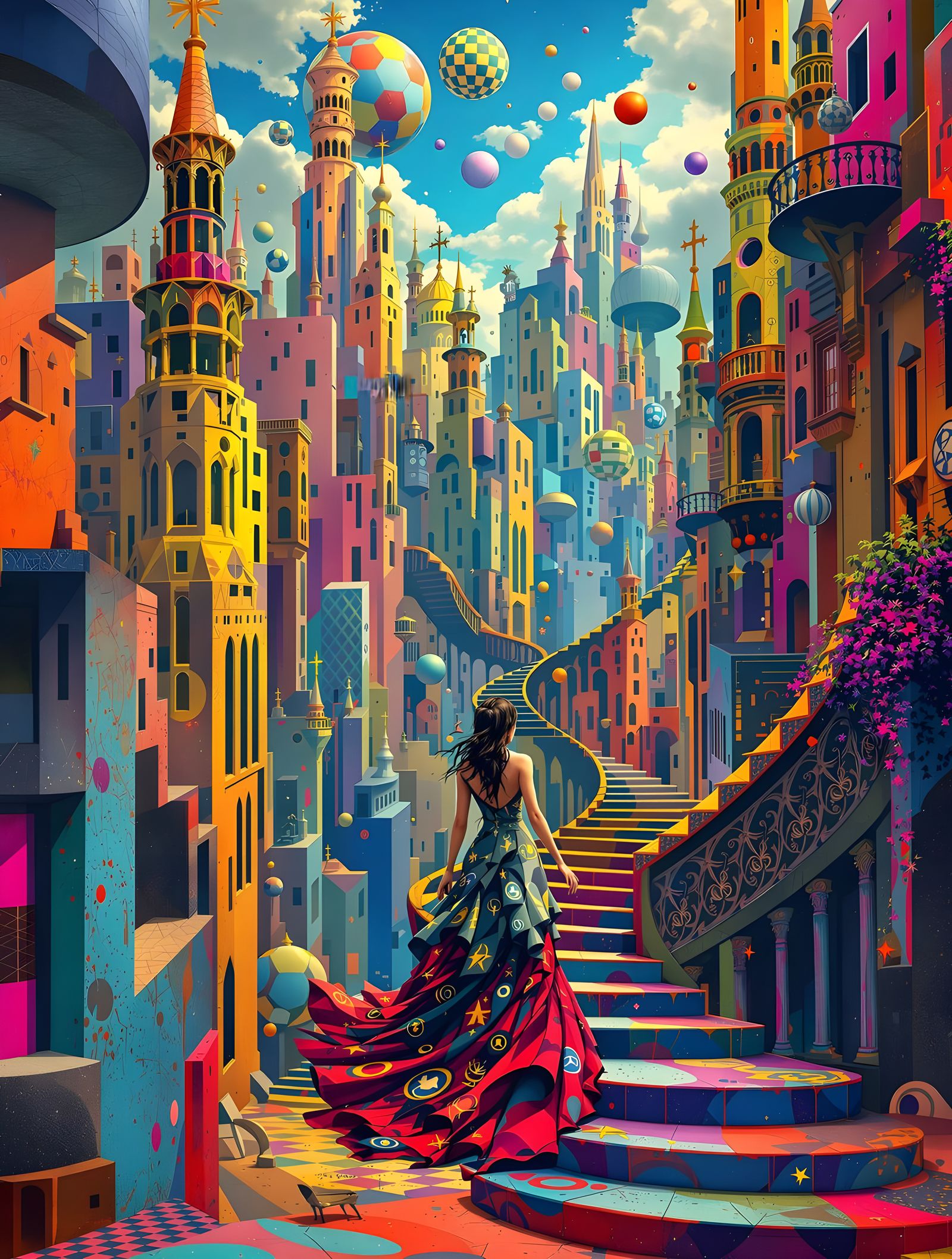 Psychedelic Op-Art Cityscape with Alice Figure