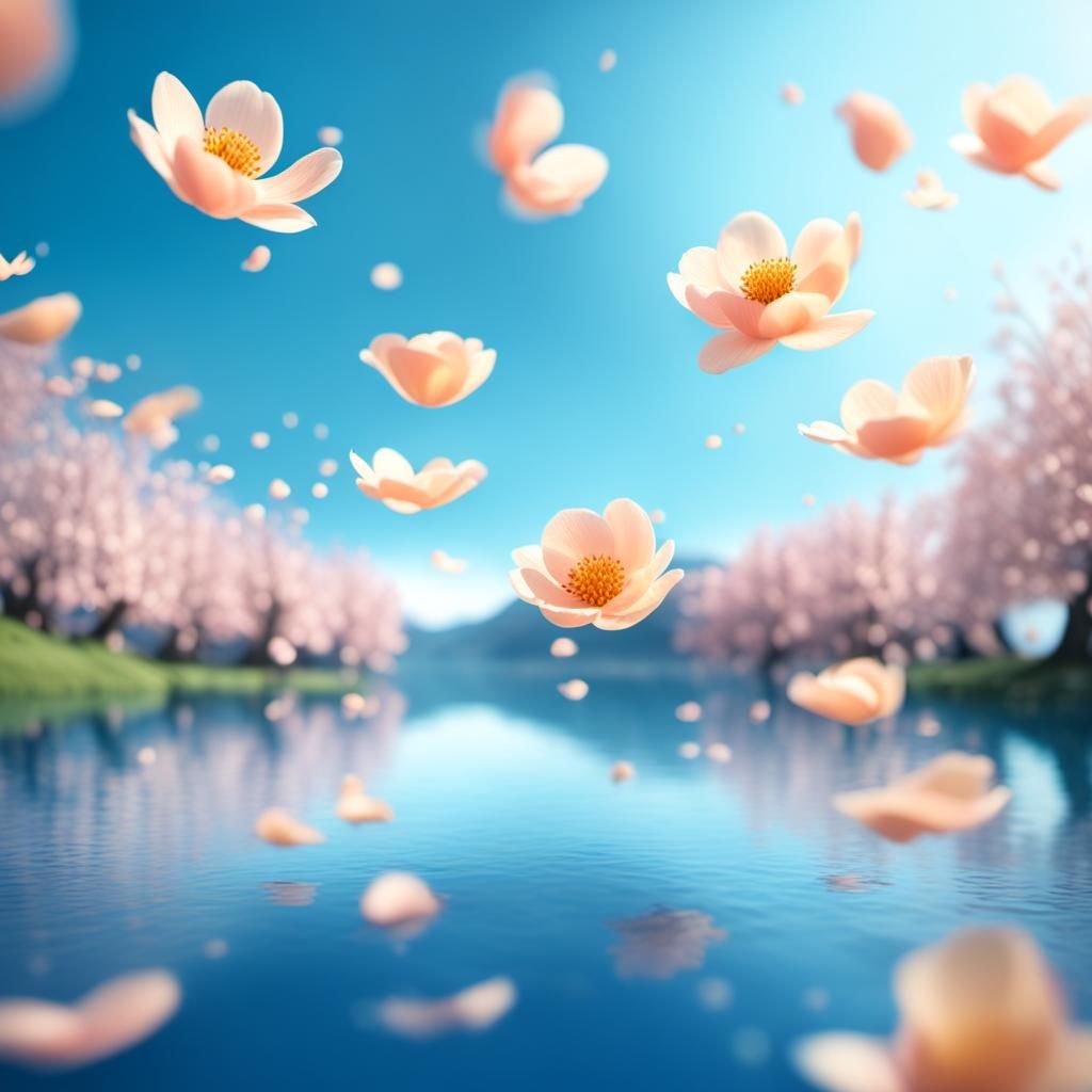 Peach Petals Over Blue Lake in 3D