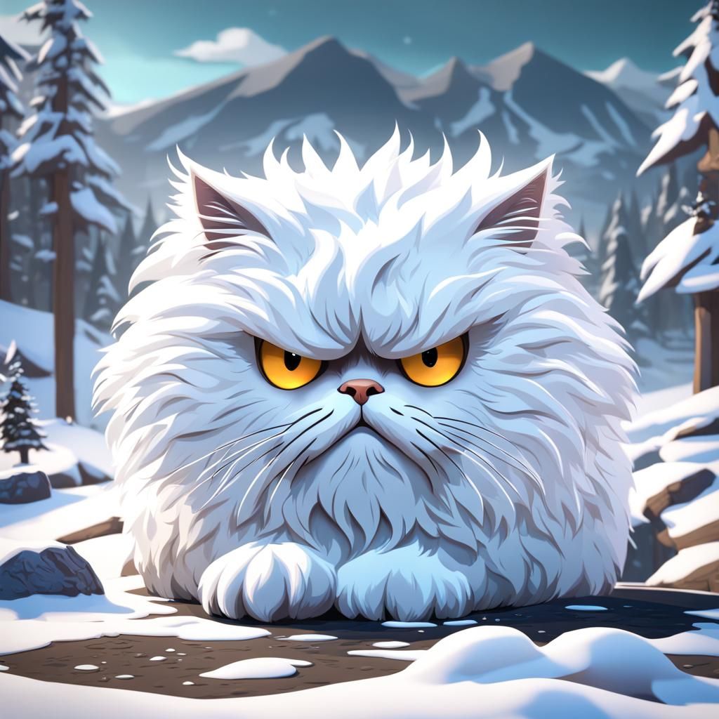 Grouchy Fluffy White Cat in South Park Style