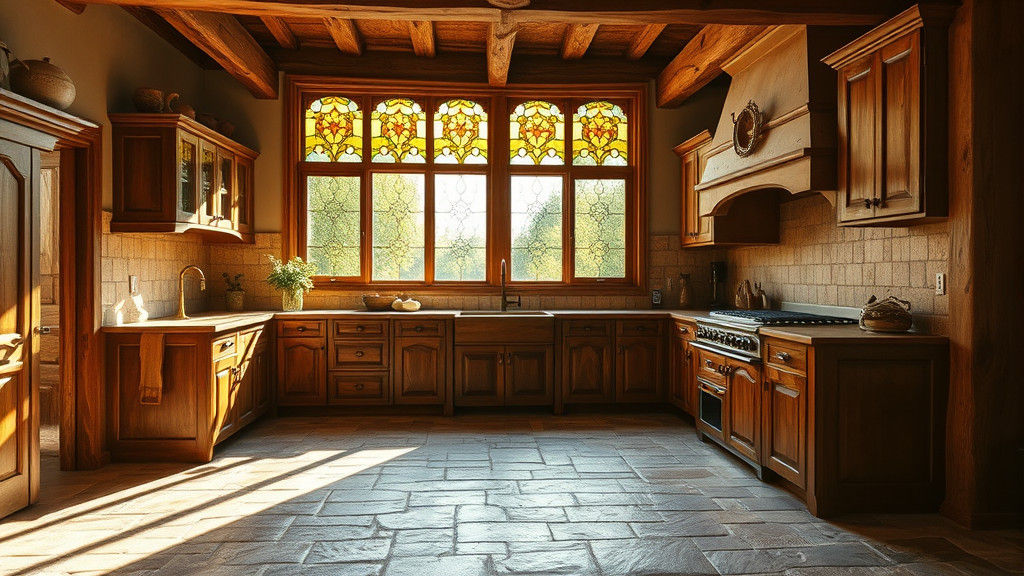 Rustic Wood Kitchen with Stained Glass Windows