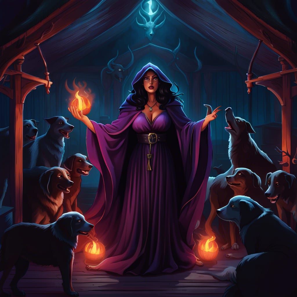 Latina Witch Casting Spell in Hound Kennel: Dark Fantasy Art