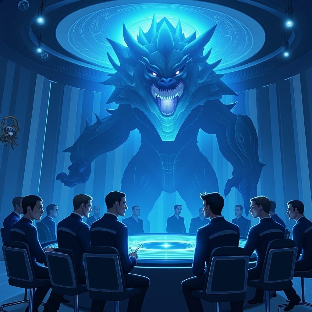 Star Trek Officers Study a Colossal Kaiju in a Futuristic Co...