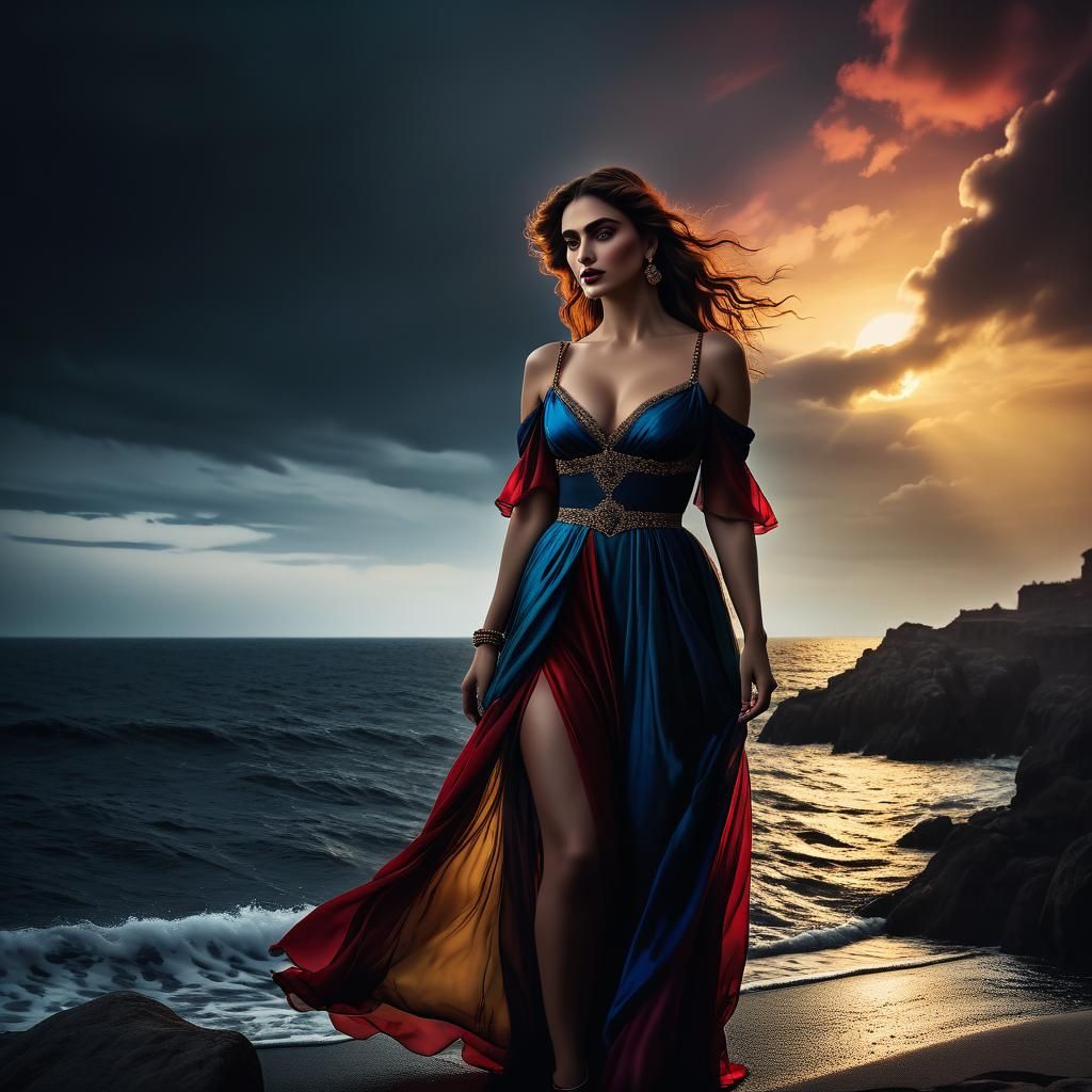 Woman in Cocktail Dress by Pond, in Titian Style