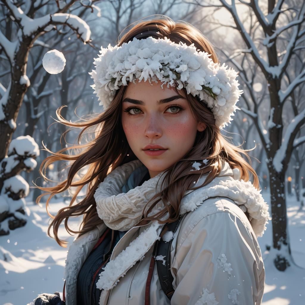 Snowball Fight Portrait in Hyperdetailed Art Style