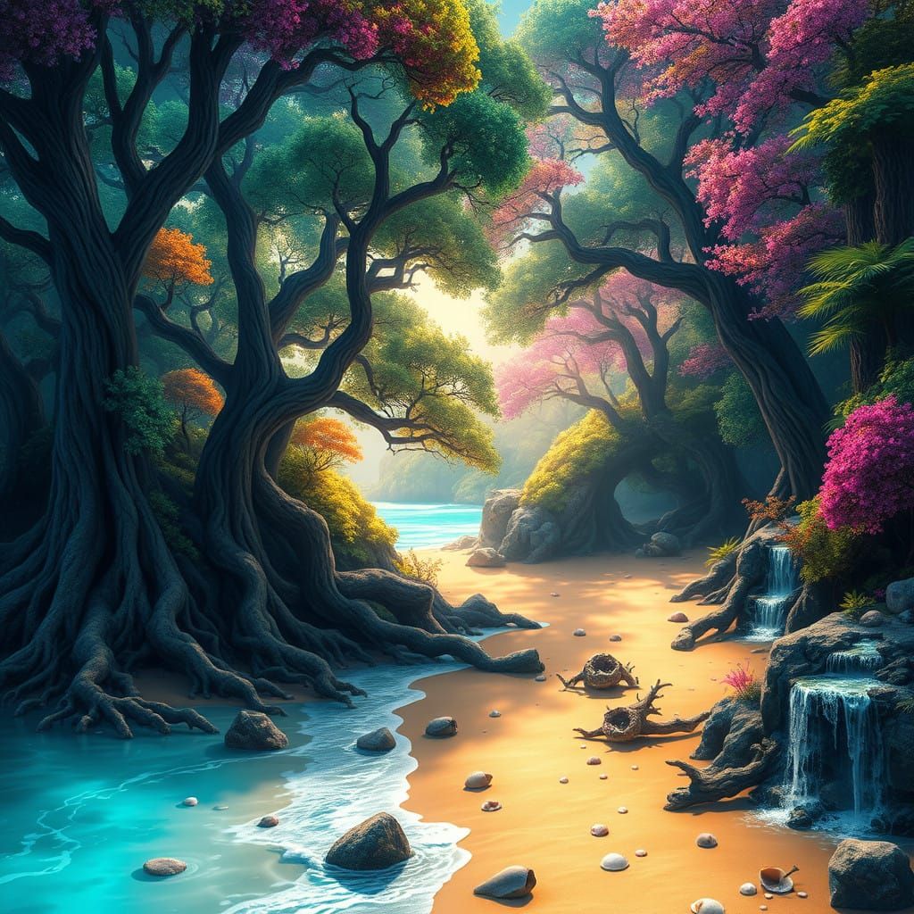 Dreamlike Forest Meets Turquoise Beach in Fantasy Concept Ar...