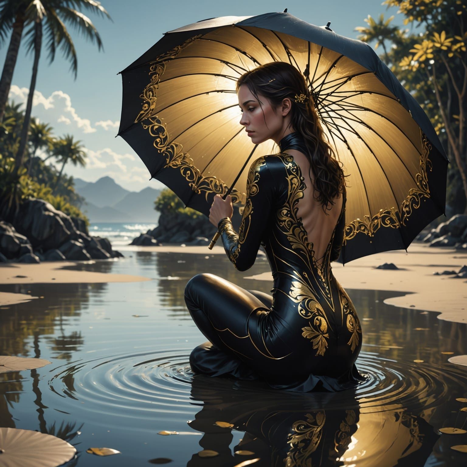 Woman Shielded by Umbrella in Golden Rain