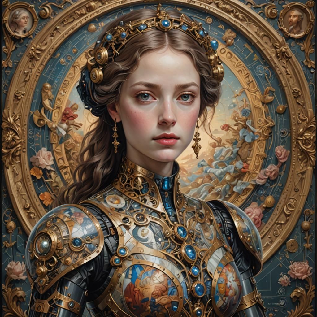 A portrait of an AI muse, combining elements of Renaissance art with futuristic motifs