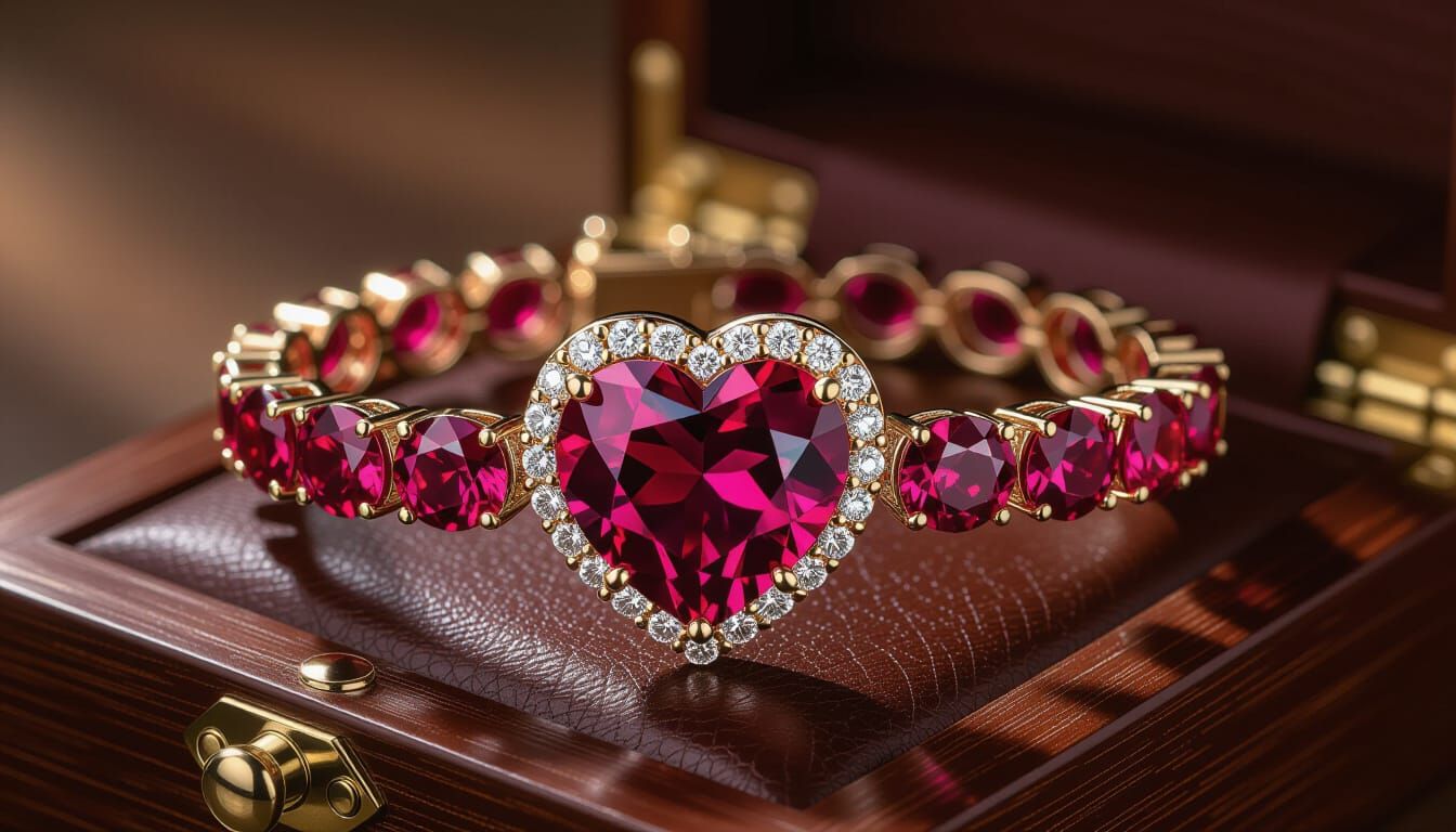 Intricate Ruby and Diamond Heart Bracelet