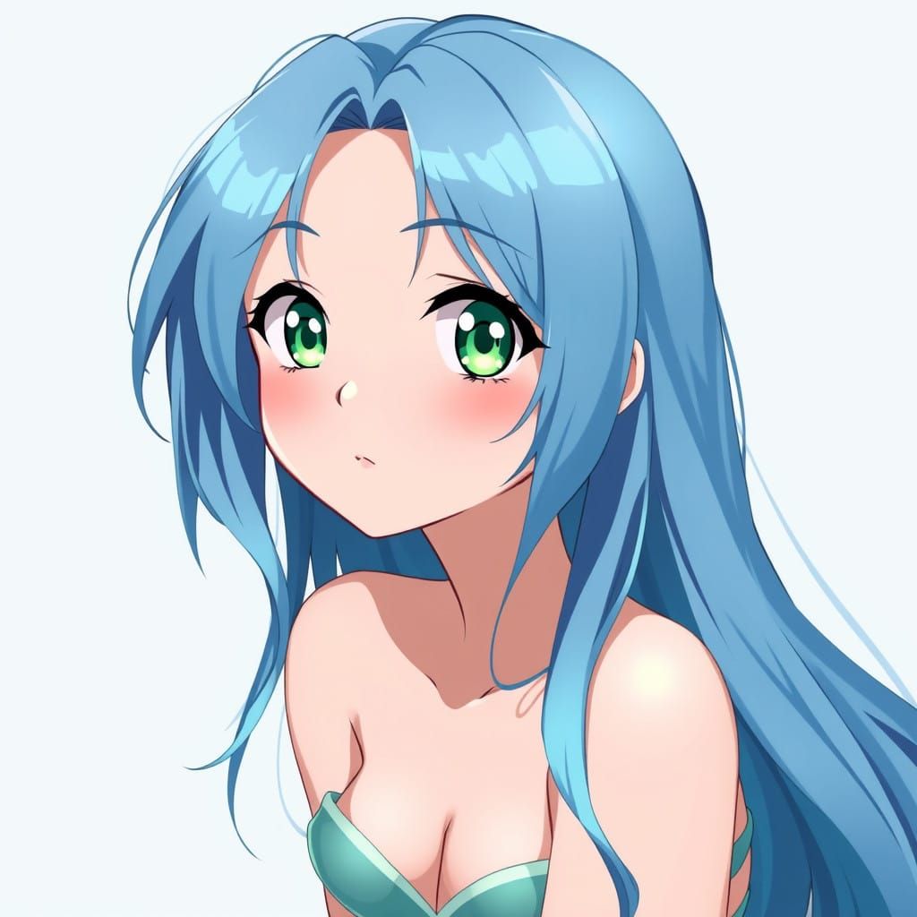 Surreal Mermaid Goddess with Vibrant Blue Hair and Green Eye...