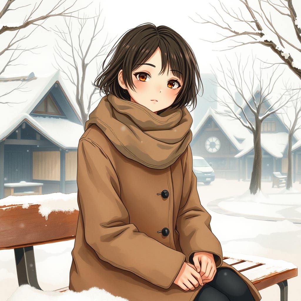 Snowy Japanese Village Scene in Watercolor Style