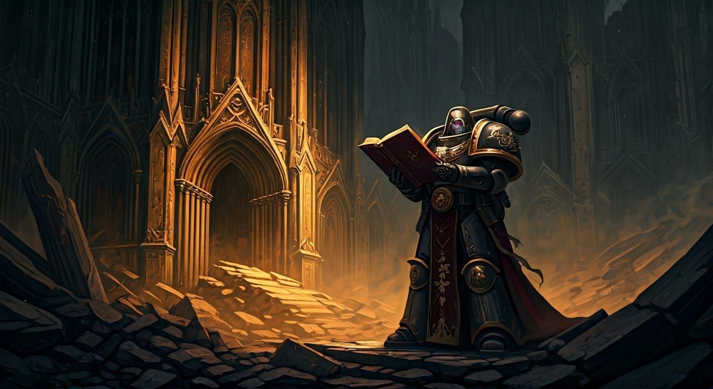 Space Marine Chaplain Reads in Ruined City