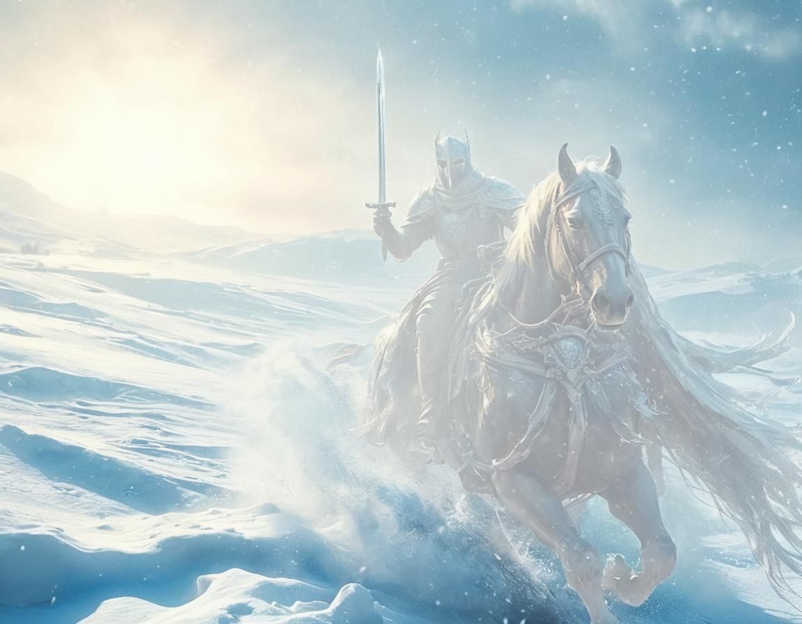 Ghost Knight Rides Through Blizzard: Fantasy Art