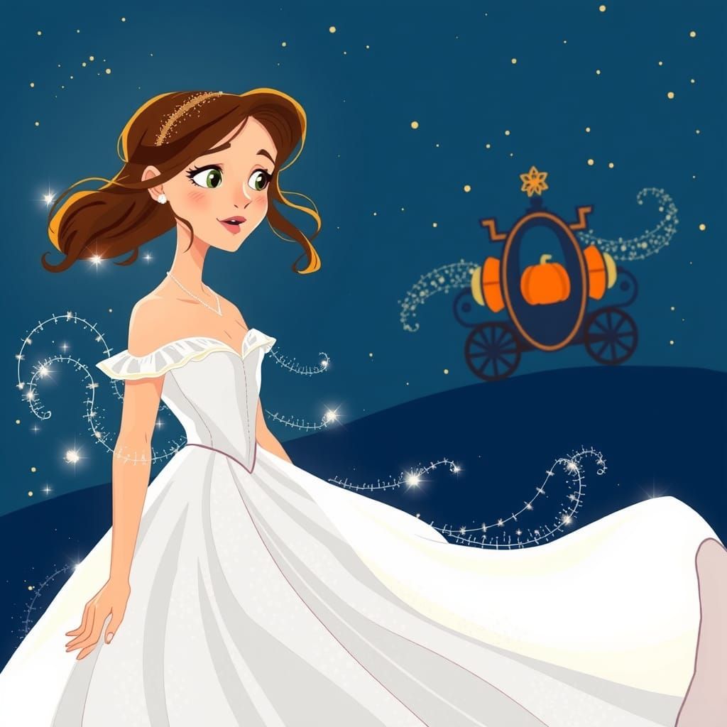 Cinderella's Transformation: A Minimalist Cartoon Scene