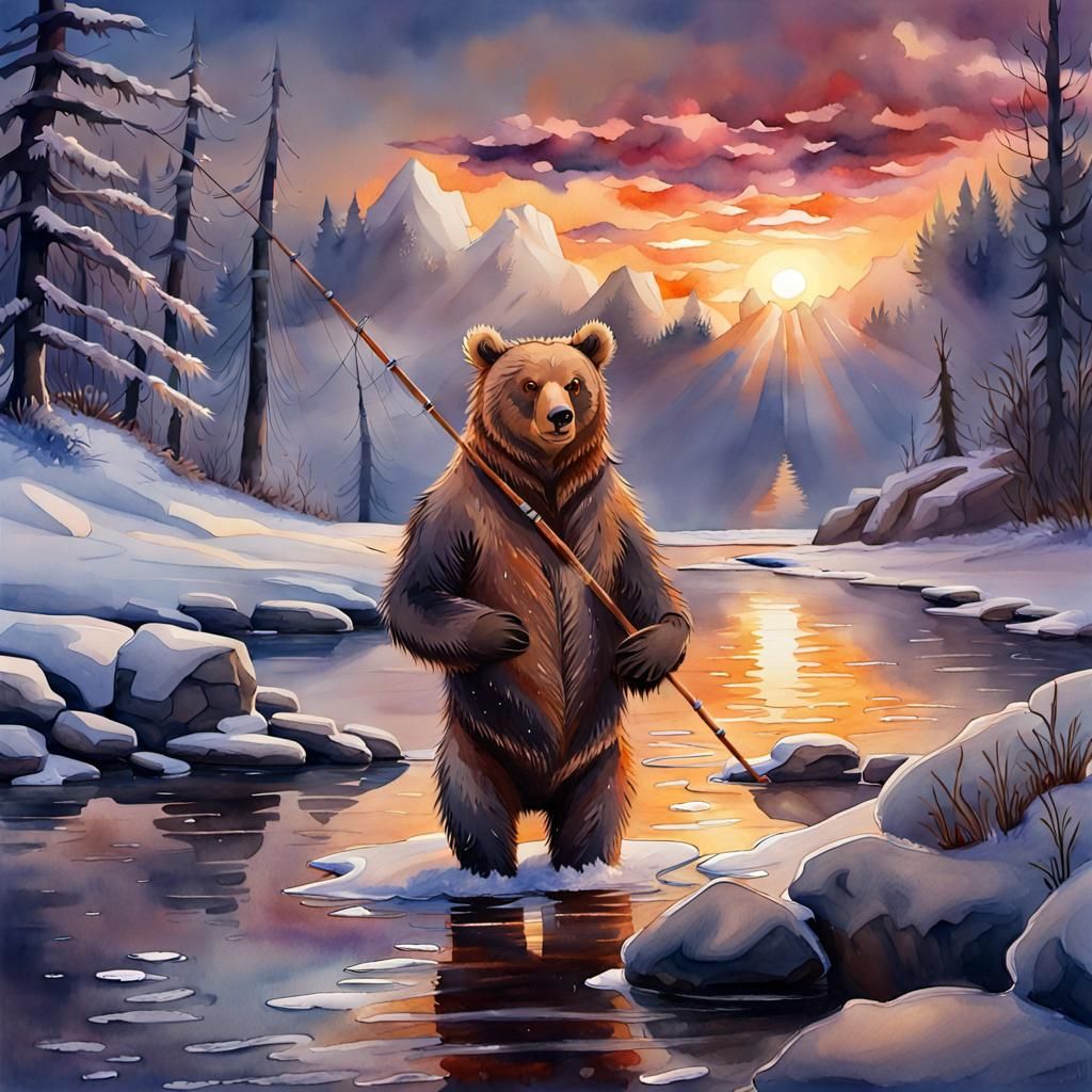 Bear Fishing in Winter River: Watercolor Painting