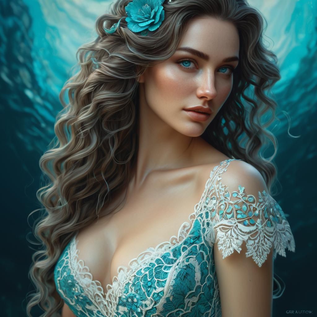 Elegant Lady in Lace Dress, Hyperrealistic Digital Art